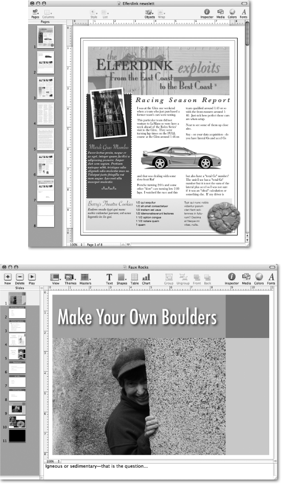 Pages and Keynote share very similar window layouts. In addition to the large document pane, you get a page or slide organizer and rulers that you can display or hide using the View menu. You can add or remove toolbar buttons at the top of the window so you can easily get to the commands you use frequently. The programs dim buttons that you can't useâwhen you haven't selected some text or an object, for example