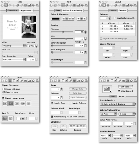 A sample of Pages (top) and Keynote (bottom) Inspector windows. Some Inspector controls duplicate menu commands, but you find most only inside these floating control panels.