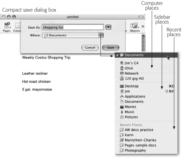 The most important parts of the Save dialog box are the Save As box, which is where you enter the name for your document, and the Where popup menu, which indicates where your file will be saved. In its compact view, the Save dialog box shows only those two items. The Where pop-up menu lists your computer's drives and disks, your sidebar items, and recently used folders. If you want to navigate around your entire computer, click the downward-pointing triangle to the right of the Save As box, as explained in Figure 1-3.