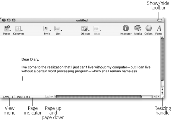 The Blank template produces a page that is exceptionally blank. Its main feature is the customizable toolbar that stretches across the top of the window. Using these buttons, you can perform various word processing tasks, access many more commands in the master toolbox known as the Inspector, and even locate music, photo, and movie files to incorporate into your document. If you find even the toolbar to be a blot upon your tabula rasa, click the Show/Hide Toolbar lozenge to hide the toolbar. Resting at the bottom of the window are the Page View menu, for adjusting the size of the page display on your screen; the page indicator, showing what page you're on; the page up and page down buttons for moving through a multipage document; and the Resizing handle, for adjusting the window size.