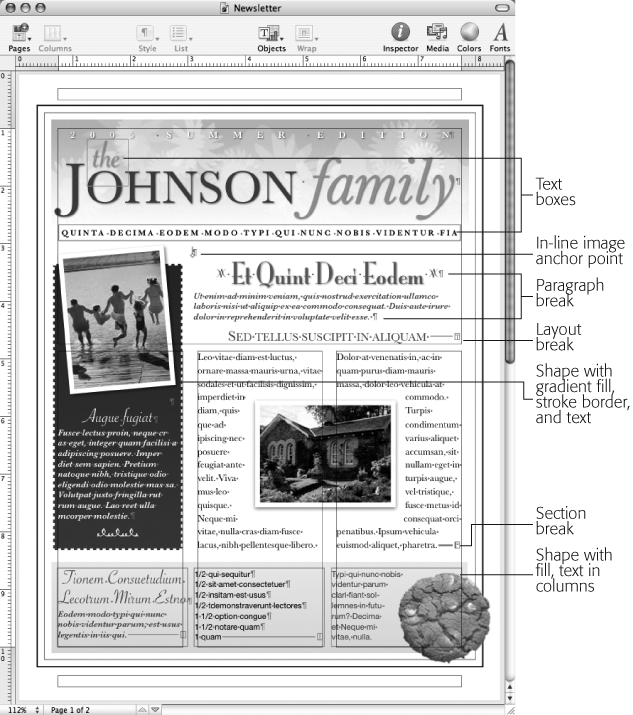 Turn on Show Layout and Show Invisibles to deconstruct Pages' template documents. This page is divided into two layouts (Section 3.4), with one column above and three below the layout break. The two shaded sidebars are text boxes, as are two parts of the masthead. Four graphic images appear on the pageâone is a background image behind the masthead's text. The cookie is an alpha-channel graphic, which allows the text to wrap around its shape (see Section 4.3.8).