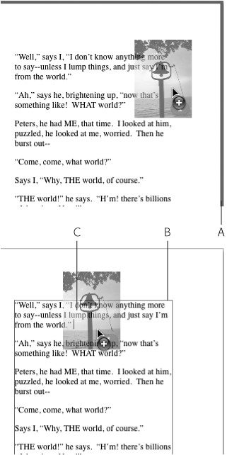 Drag a picture into a document, and Pages normally inserts it as a fixed objectâthe blue, highlighted page outline (A) shows it's supposed to be fixed on the page. Press â while dragging over the text column, and Pages highlights the column outline (B) and displays an insertion point (C), your clue that Pages is making this picture an in-line object, tied to the text at the insertion point.