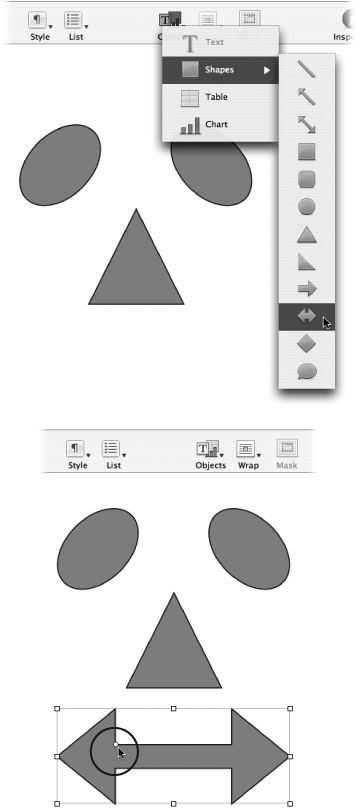 From the Objects toolbar button pop-up menu, choose a shape. Once it's in your document, you can adjust its size and placement. Pages creates shapes in a standard color based on the template you're using. See Section 4.4 for details about changing color and opacity, filling the shape with a picture, and so on. In addition to the usual set of selection handles, the large arrow shapes feature a circular handle inside the arrow (circled) that adjusts the thickness of the line and the length of the arrow head.