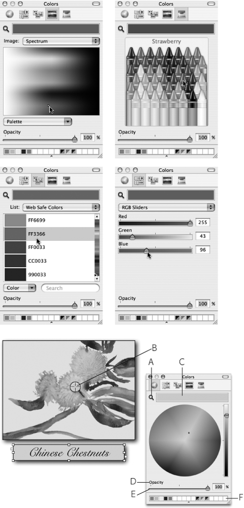 Top: The many faces of the Color Picker, selected from the row of buttons at its top, offer five different ways to choose colors.Bottom: You can copy a color from anywhere on your screen in order to do things like match a text box color to a color in a picture. Click the magnifying glass (A) and Pages turns the arrow cursor into a magnifying glass. Drag the magnifying glass cursor over a color (B), and click to load that color into the swatch (C). Use the Opacity slider (D) to adjust the color's transparency, and drag from the swatch to one of the Text or Graphic Inspector's color wells to change the color of a text box or of a shape's fill, stroke, shadow, and so on. In order to use the exact same color somewhere elseâeven in another document or another programâdrag from the swatch down to one of the palette squares (E), where you can save your color for future quick access. Solid squares are opaque colors; those that are half dark and half light (F) are reduced-opacity colors.