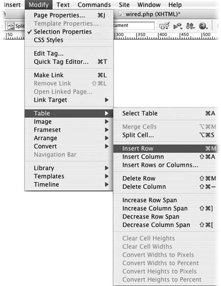 When you read in a Missing Manual, “Choose Modify → Table → Insert Row,” that means: “Click the Modify menu to open it. Then click Table in that menu and choose Insert Row in the resulting submenu.”