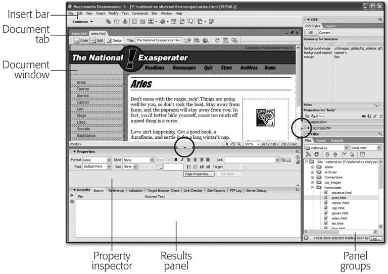 Dreamweaver on a Windows PC. You can switch between documents by clicking the tab immediately above the Document toolbar. Here, clicking the aries.html tab brings that page to the front. (This nifty feature works only if the document window is maximized.) You can also hide the panels in one fell swoop (either the stack of panels on the right edge of the window or the panels at the bottom-left) by clicking either of the Hide Panels buttons (circled). To show the panels, click the button again.