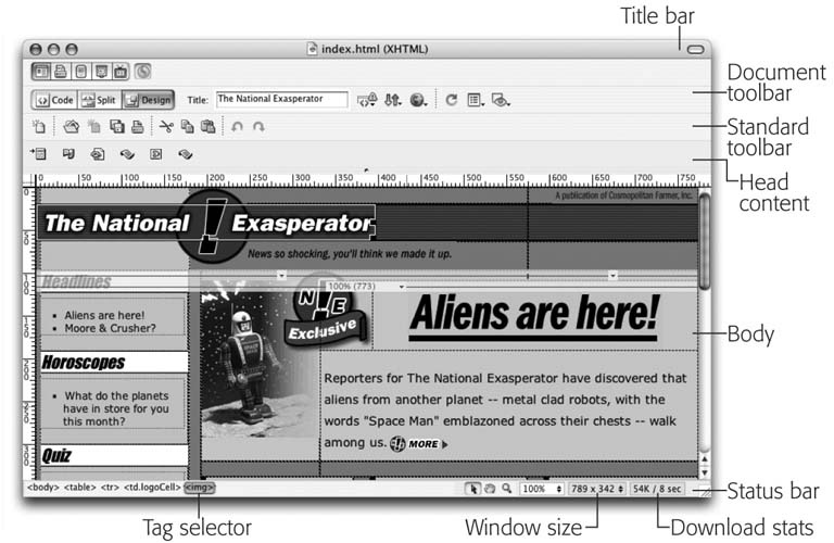 Dreamweaver on the Mac. A document window like this represents each Web page; here’s where you add text, graphics, and other objects as you build a page. As of Dreamweaver 8, the Mac version of Dreamweaver also includes tabs for switching between open documents.