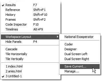 The Windows version of Dreamweaver (shown here) includes three preprogrammed layouts, including one that puts all the panels and other windows on a second monitor, while leaving the first monitor available for just Web page documents. The Mac version has a default and a dual-screen layout.