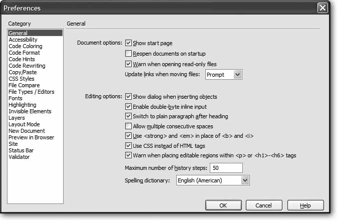 Dreamweaver’s Preferences dialog box is a smorgasbord of choices that let you customize the program to work and look the way you want. In this step, you’ll make sure Dreamweaver uses Cascading Styles Sheet code for formatting your page by turning on the “Use CSS instead of HTML tags” checkbox.