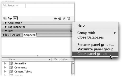Right-clicking (Control-clicking for Mac) to the right of the name of a panel group opens a contextual menu that lets you close or even rename the panel group.