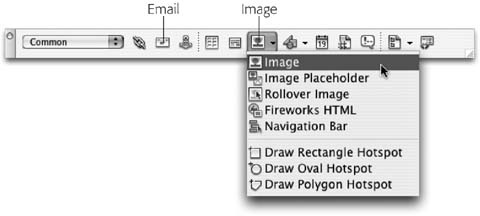 Some of the buttons on Dreamweaver 8’s Insert bar do double duty as menus (the buttons with the small, black, down-pointing arrows). Once you select an option from the menu (in this case, the Image object), it becomes the button’s current setting. If you want to insert the same object again (in this case, an image), you don’t need to use the menu—just click the button.