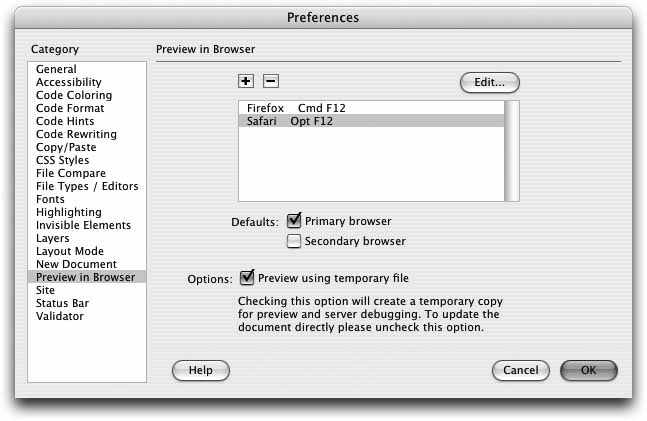 Dreamweaver can launch a Web browser and load a page in it, so you can preview your design. One useful option—“Preview using temporary file”—comes in handy when working with Cascading Style Sheets, as described on Section 6.4.2.