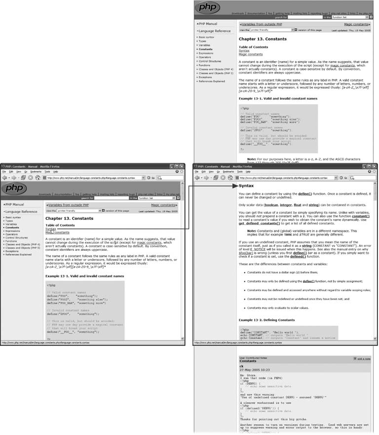 Some pages may have a lot of information that you’d prefer not to break up into several different Web pages. To make it easy for visitors to jump to a location farther down on the page, you might have a list of contents for that page, which, when clicked (left), jumps down the page to the appropriate section (right).