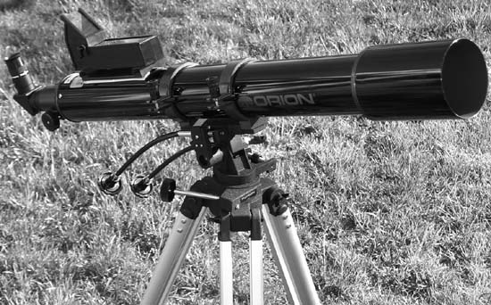 A typical refractor: our Orion 90mm f/11.1 “long-tube” on an alt-az mount