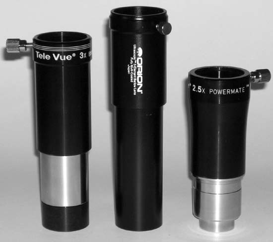 Tele Vue 3X, Orion Ultrascopic 2X, and Tele Vue Powermate 2.5X Barlows
