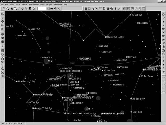 Cartes du Ciel, showing Herschel 400 objects in the same area of sky