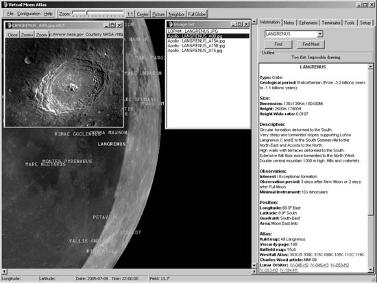 Virtual Moon Atlas, showing the crater Langrenus