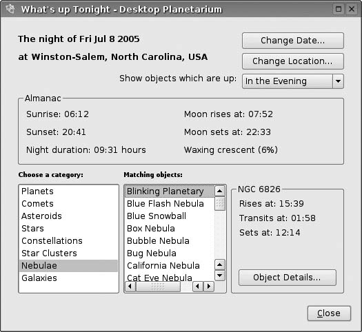 The KStars Whatâs up Tonight tool lists well-placed objects for a specified observing session