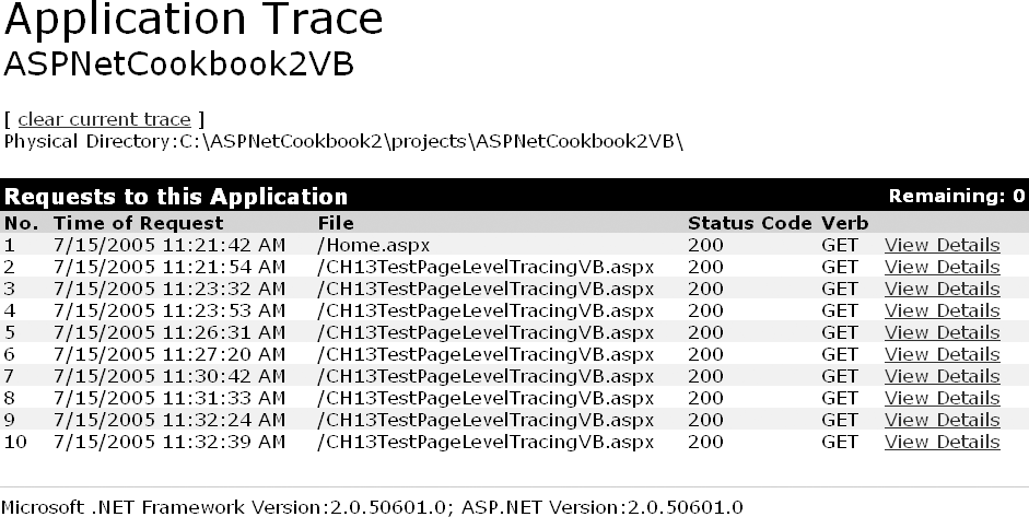 Application-level tracing output (trace.axd)