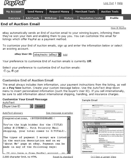 Customize PayPal’s End of Auction email message to include essential information