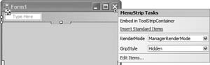 Inserting standard menu items into the MenuStrip control