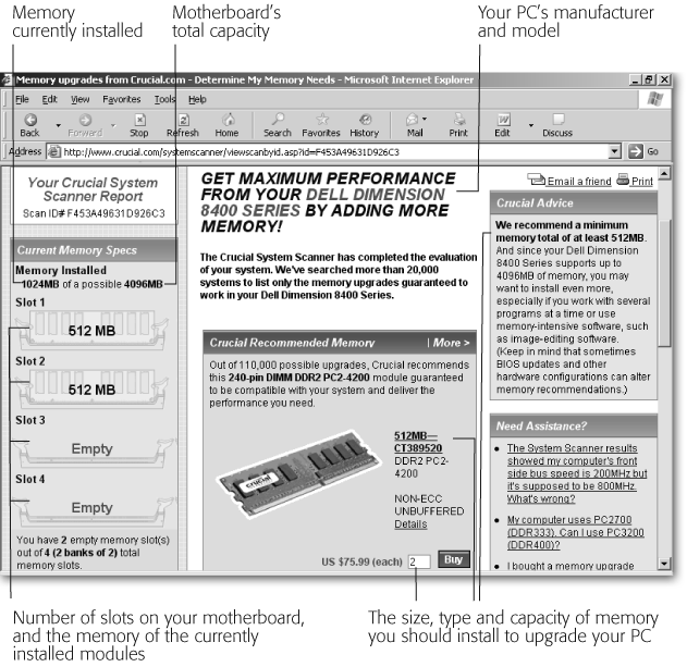 In less than a minute, Crucial’s Memory Advisor program () scans your computer and dishes up exactly what you need to know when replacing memory: the amount of memory your motherboard can handle, the type of memory you need, the number of empty and used memory banks, a suggested memory module for your computer, and its price. Print out the page and check prices at local shops before buying.