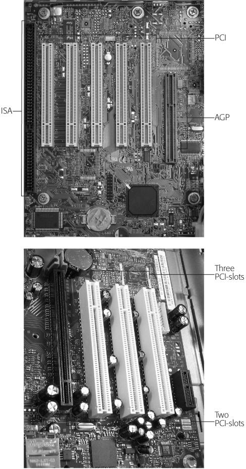Top: This motherboard, made in 1998, contains a row of four white PCI slots, which accept most cards sold today. To their right sits one brown AGP slot, used only by some video cards. To the left sits one black ISA slot (rarely seen, as it accepts only very old cards).Bottom: This motherboard from 2004 bears a row of three white PCI slots. To their left is a large black PCI-Express slot used by the latest video cards. On the far right lives a small PCI-Express slot that’s so new, very few cards yet fit it. You identify slots mostly by their color (which you can’t see in this black and white photo). Many motherboards also print the slot’s type next to the slot in fine print.
