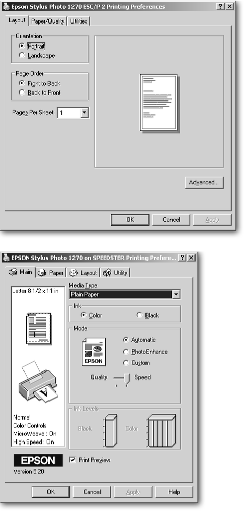 Top: When you install a printer, Windows XP usually installs a driver that lets you print immediately—without installing any software that came with your printer. Windows XP’s driver, shown here, lets you access the printer’s most basic functions.Bottom: Printer manufacturers constantly update their drivers, so if you download your printer model’s latest driver from the manufacturer’s Web site, Windows XP lets you access more features.