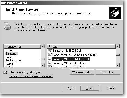 Click your printer’s manufacturer from the left column, and the printer’s model name from the right column. Or, if you have the printer’s installation CD or a newly downloaded driver, click Have Disk, instead. Then browse to the inserted CD or the folder containing the download. Windows displays only names of drivers in the Browse window, making it easy to spot a driver among a sea of file names. Click Next, and Windows installs your printer’s driver.