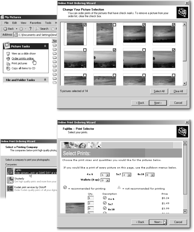 Top left: To order professional quality prints directly from Windows XP, open your My Pictures folder and then choose “Order prints online.”Top right: Turn on the checkboxes of the pictures you want to print, or choose Select All.Bottom left: Windows XP connects to the Internet and lists available printing companies;select the one you want. Bottom right: Choose the number of prints you want for each size listed. (To compare prices, click the Back button and try the different companies.) To complete your order, choose a pickup location (or enter your address to receive the prints by mail), and then enter your credit card number.