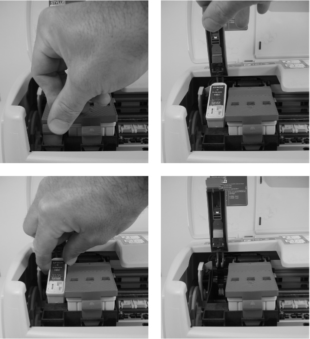 Inkjet cartridges are easy to replace.Top left: Lift the lid to your printer and then unclasp the lever holding your cartridge in place.Top right: Lift the cartridge’s lever.Bottom left: After lifting the lever, grasp the cartridge and pull it up and out.Bottom right: Insert the new cartridge in the empty space; be sure to push down the lever to lock the new cartridge in place.