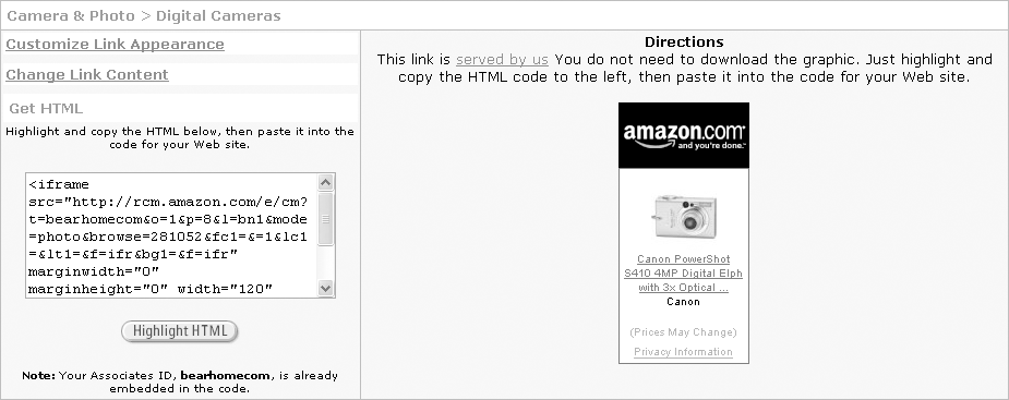By clicking the links shown, you can customize the creative or just copy the HTML for use on your site