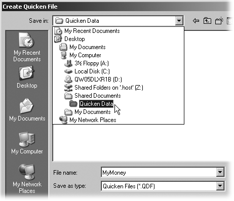 This is the Create Quicken File dialog box. In this example, you’re saving the file MyMoney in the Quicken Data folder within the Shared Documents folder.