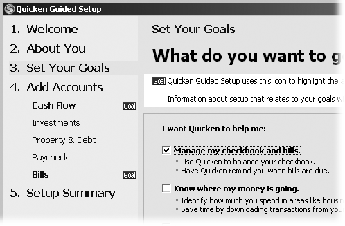 In this example, “Manage my checkbook and bills” is the chosen task, so Quicken tells you that you need to set up a Cash Flow account and a Bills account.
