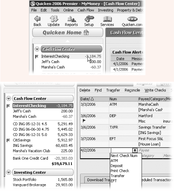 Top: On the Account Bar, open a register by clicking the name of the account.Bottom: A Quicken register (right box) looks like a paper register, but every field has timesaving shortcuts. For example, in the Num field, you can choose Next Check Number to fill in a check number one higher than the last check number you used.