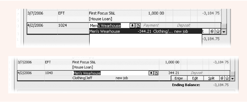 Top: As you type letters in the Payee field, QuickFill displays matching payee names from the Memorized Payee List.Bottom: When you choose a payee and move to another field, QuickFill fills in the other fields with values for the memorized payee. You can modify field values, for instance to enter a different amount, before recording the transaction.