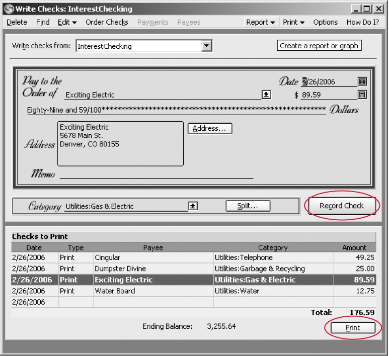 When you click Record Check, Quicken adds the check to the list of checks waiting to print at the bottom of the dialog box. Once all your checks are ready to go, click Print to send them to the printer loaded with preprinted check forms.