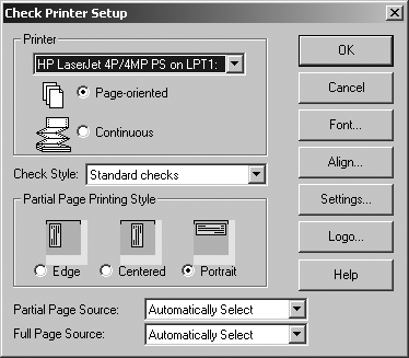 Once you’ve purchased preprinted checks or ordered a new type of preprinted check, open the Check Printer Setup dialog box to set up Quicken to work with your checks.