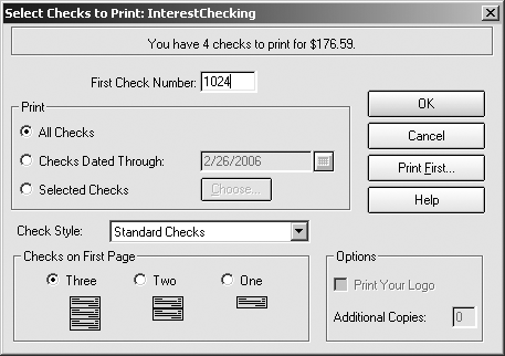 If necessary, in the First Check Number box, type the number on the first preprinted check loaded in your printer. Make sure you check all the settings before you click OK, because that’s the signal for Quicken to send the checks to the printer.