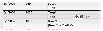 To view or edit the splits on a transaction, click the button with the checkmark. If you want to clear all the splits, click the button with the X. When the message box appears asking if you want to clear all split lines, click Yes only if you want to clear all categories and amounts.