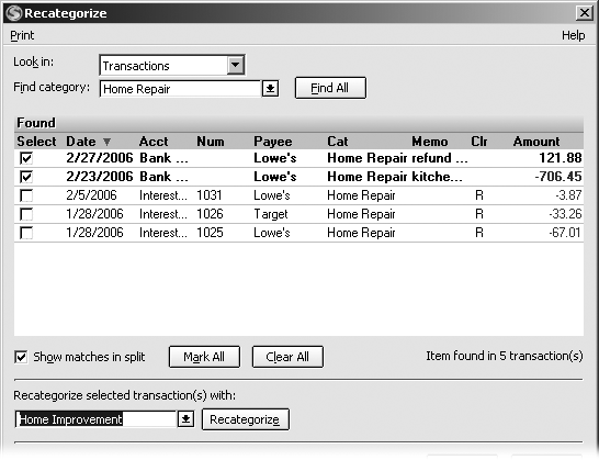 The Recategorize command can find transactions assigned to one category and reassign the transactions you choose to a different category. In this example, the two checked Home Repair transactions will be recategorized as Home Improvement.