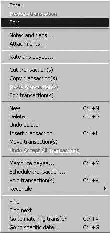 This is the transaction Edit menu. You can display it by either right-clicking a transaction in the register or by clicking the Edit button in a selected transaction.