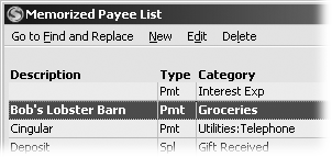 In the Memorized Payee List window, select one or more payees, and then click Delete. In this example, only Bob’s Lobster Barn would be deleted.