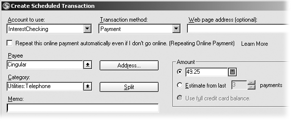 Although most of the boxes emulate their register counterparts, you can turn on the “Repeat this online payment automatically even if I don’t go online” checkbox to set up a fully automated payment that requires no further effort on your part. The Amount section includes an option that sets up a credit card payment whose Amount equals the balance on your credit card.