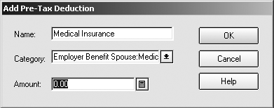 Quicken fills in the Name box with a generic name and often fills in the Category box with one of its built-in categories. For most items, you have to provide only the amount.