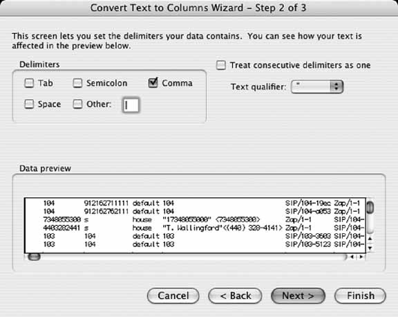 The second step of the Text to Columns Wizard breaks up the CDR log text into meaningful cells of data