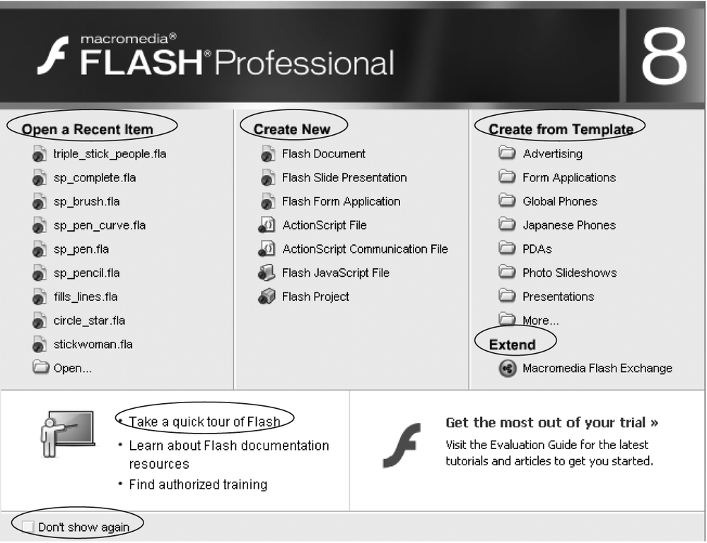 This start page appears the first time you launch Flash—and every subsequent time, too, unless you turn on the Don’t Show Again checkbox (circled). If you ever miss the convenience of seeing all your recent Flash documents, built-in templates, and other options in one place, you can turn it back on by choosing Edit → Preferences (Windows) or Flash → Preferences (Mac). On the General panel, choose Show Start Page from the On Launch pop-up menu.