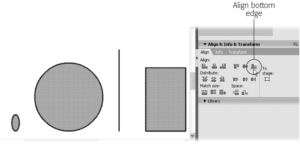 The Align panel gives you the opportunity to align a single object (or whole groups of selected objects) along the left side of the Stage, the right side, the top, the bottom, and more. Make sure you select the objects you want to align first; then click the alignment icon from the Align panel.
