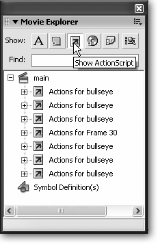 The Movie Explorer panel lets you view the overall structure of your animation; it also gives you a way to find and edit specific elements quickly and easily. To find a specific element, use the Show icons or type the name of the element you’re trying to find in the Find box. Right-clicking an element pops up a menu you can use to edit that element.