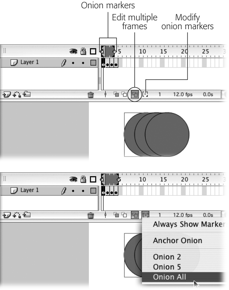 Top: When you click Edit Multiple Frames, Flash shows the content of a bunch of frames on a single Stage. Unfortunately, Flash might miss a frame or two. To tell Flash to show the content of all your frames, click Modify Onion Markers and then, from the pop-up menu that appears, select Onion All. (You can also drag the onion markers separately to enclose a different subset of frames.)Bottom: Here you see the result of selecting Onion All. The onion markers surround the entire frame span (Frame 1 through Frame 4) and all four images appear on the same Stage, ready for you to edit en masse.